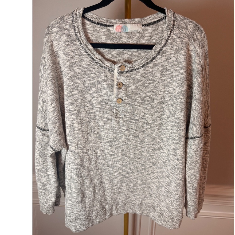 Free People FP Beach Gray Marled Henley Oversized Knit Top Med Beach Boho